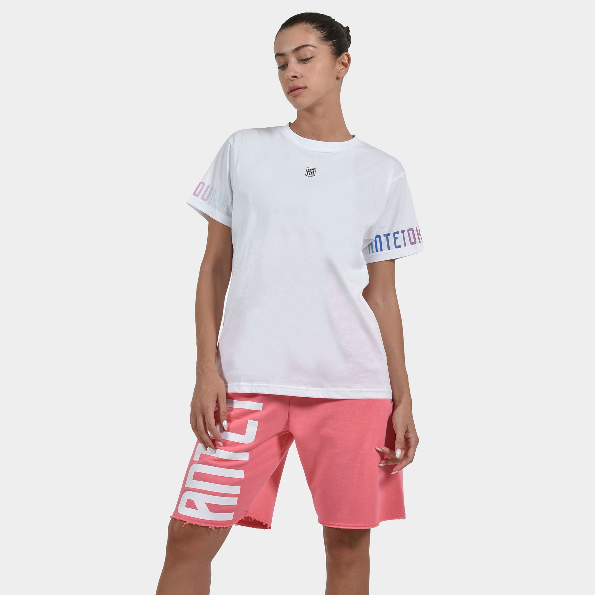 Unisex Shorts Multi Graffiti ANTETOKOUNBROS Model Front Bubblegum