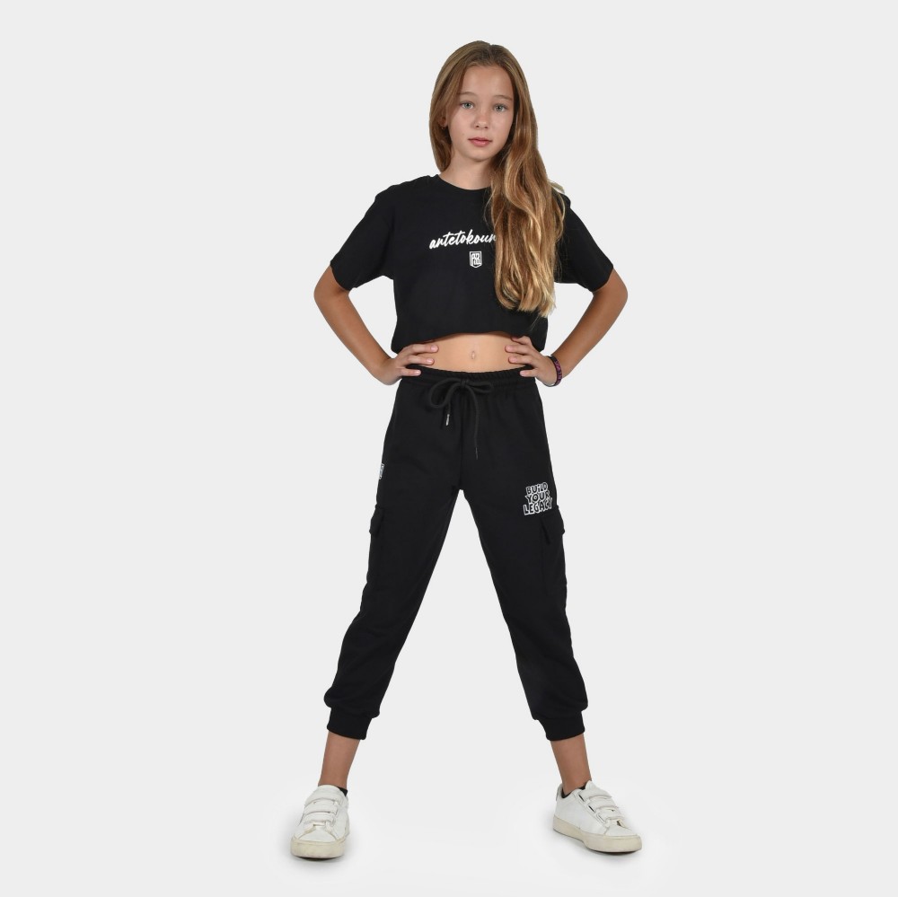 Kids' Crop Top T-shirt  Baseline | ANTETOKOUNBROS | Black Model Front 1 Front