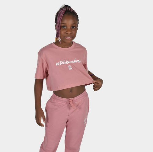 Kids' Crop Top T-shirt  Baseline | ANTETOKOUNBROS | Pink Model Front 1 thumb