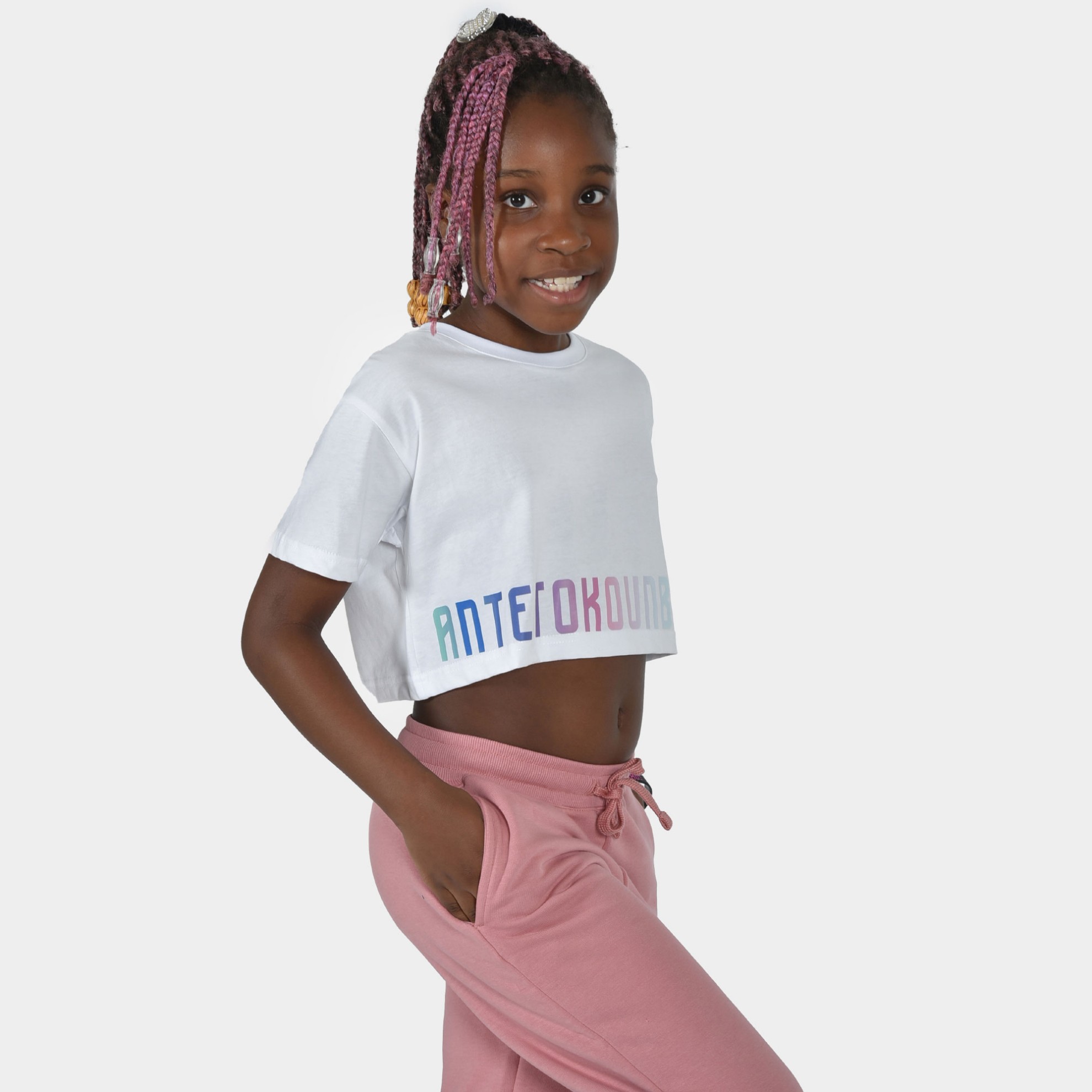 ANTETOKOUNBROS Kids' Crop Top T-shirt Calm Graffiti White Front 1