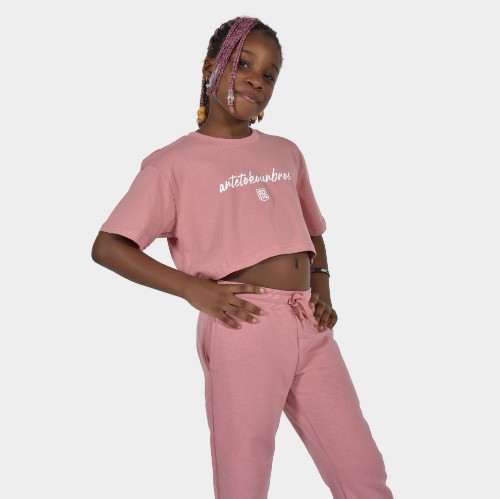 Kids' Crop Top T-shirt  Baseline | ANTETOKOUNBROS | Pink Model Front 2 thumb