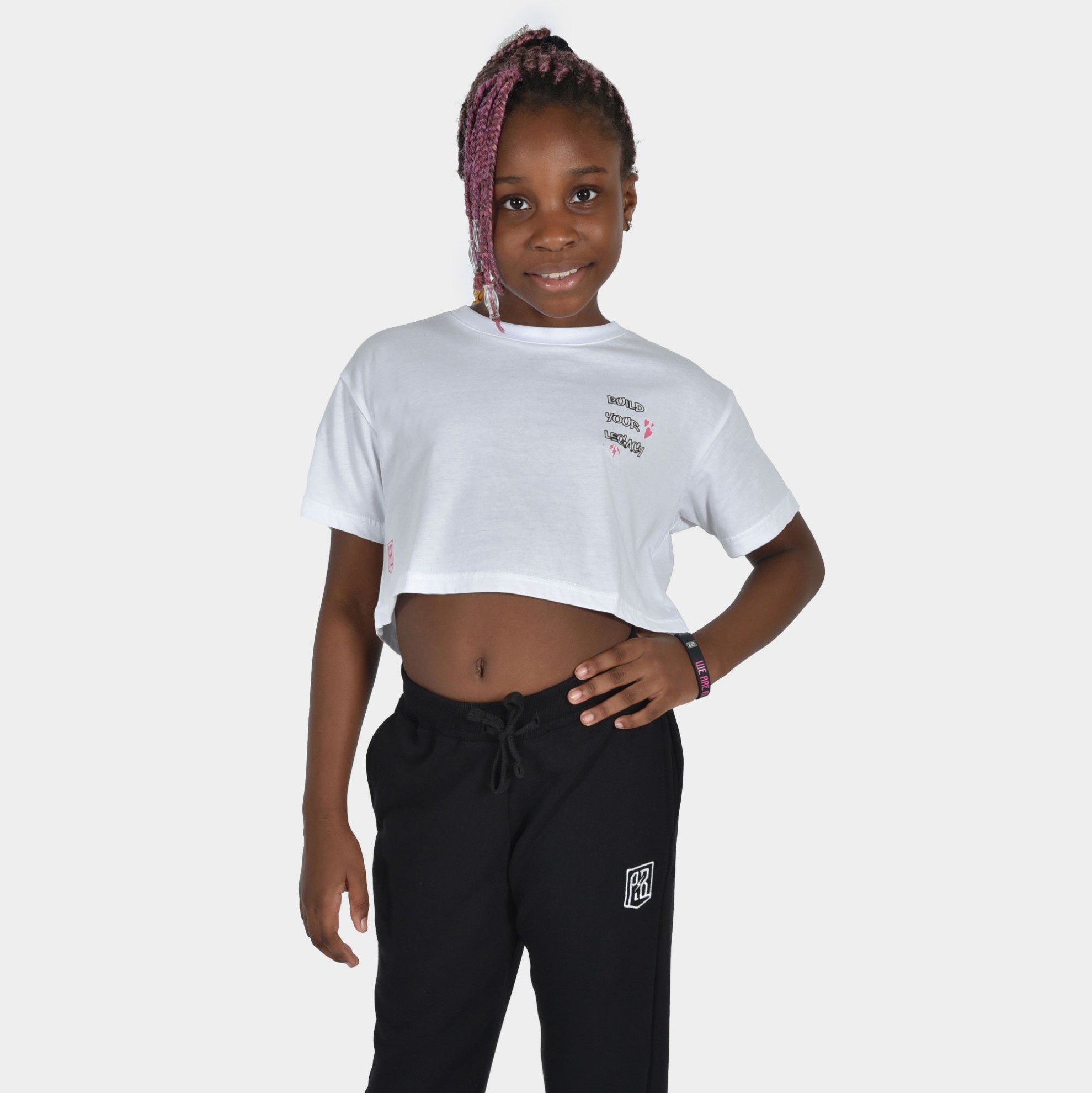 Kids' Crop Top T-shirt Build Your Legacy Graffiti White Front 1