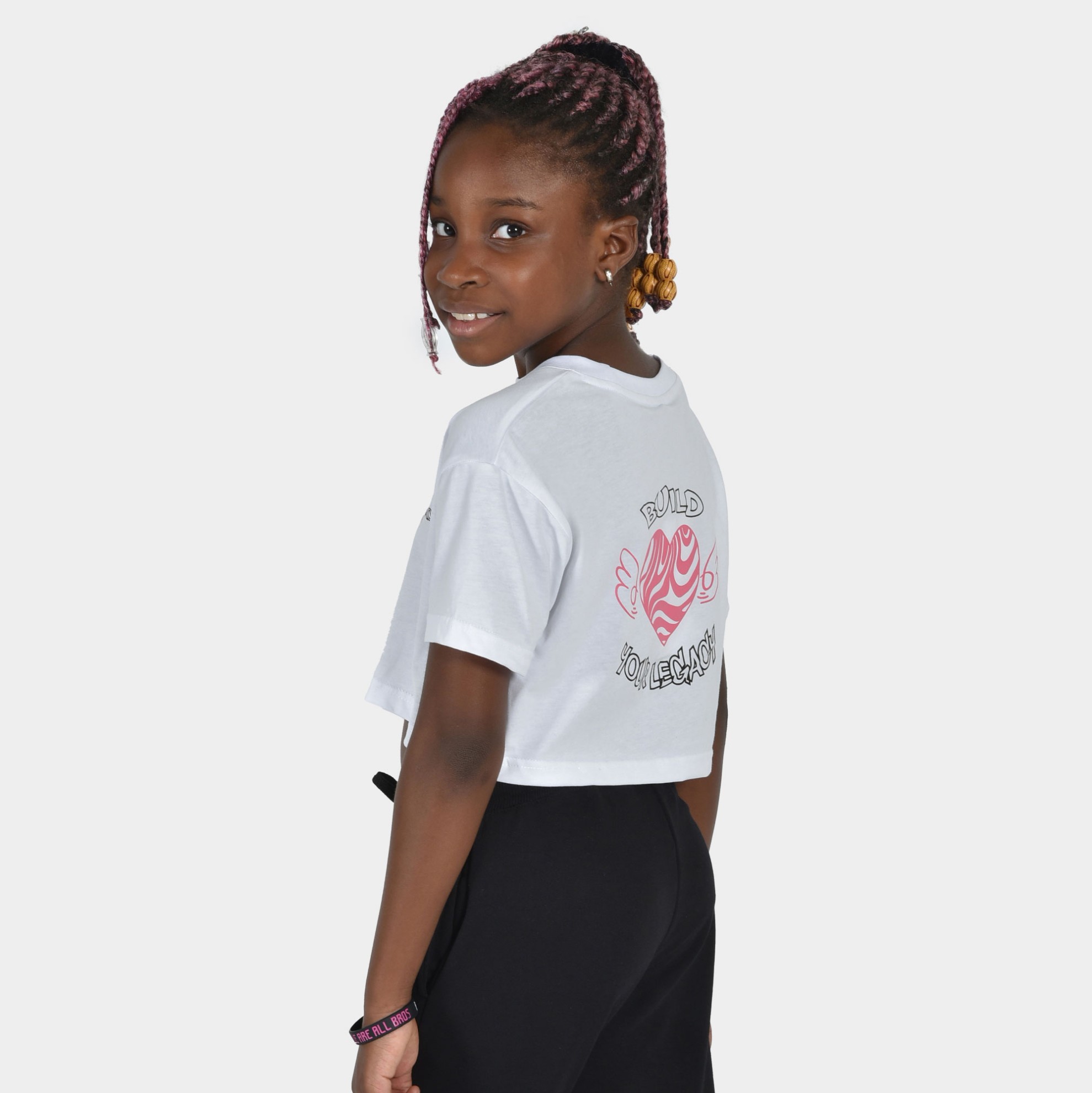 Kids' Crop Top T-shirt Build Your Legacy Graffiti White Back 2