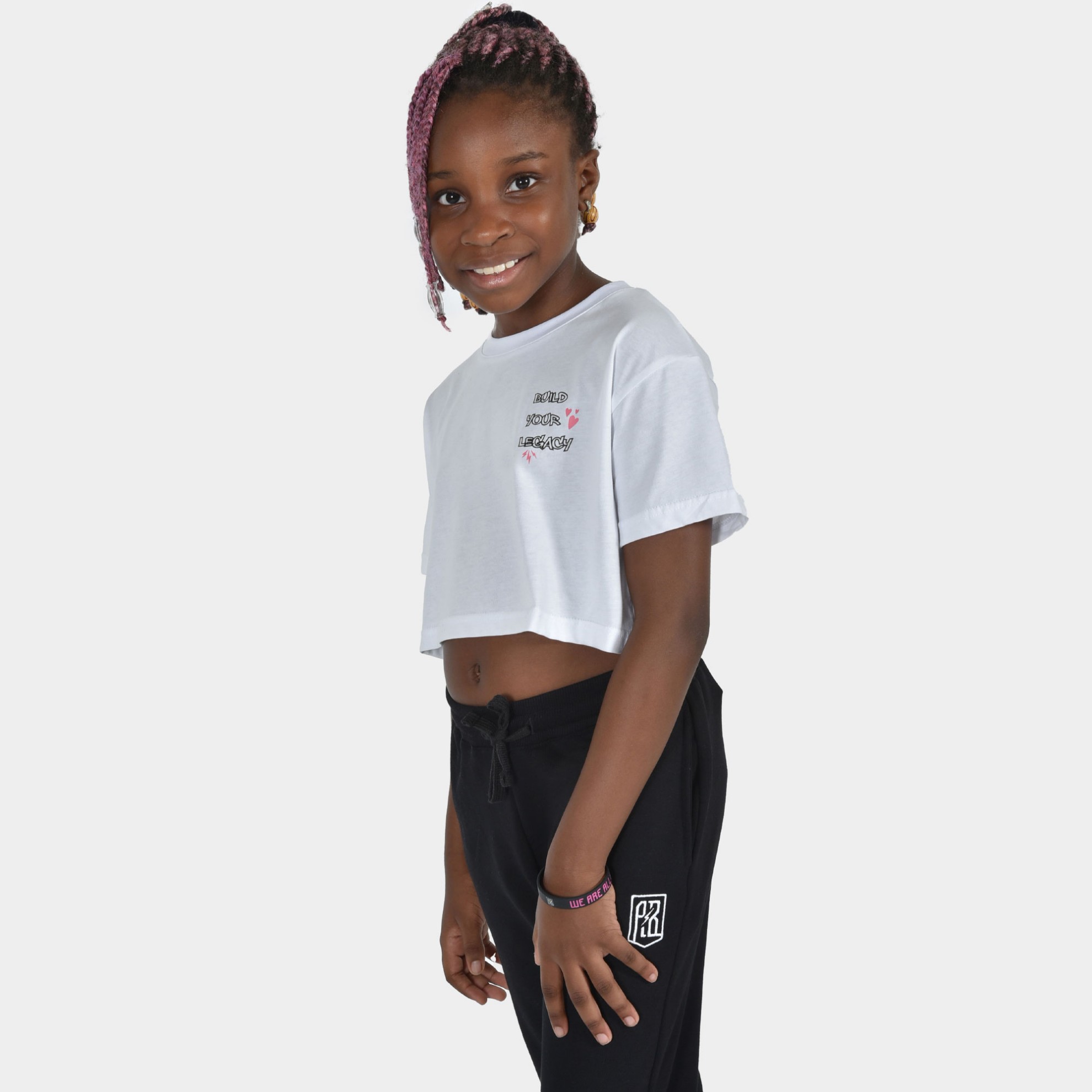 Kids' Crop Top T-shirt Build Your Legacy Graffiti White Front 2