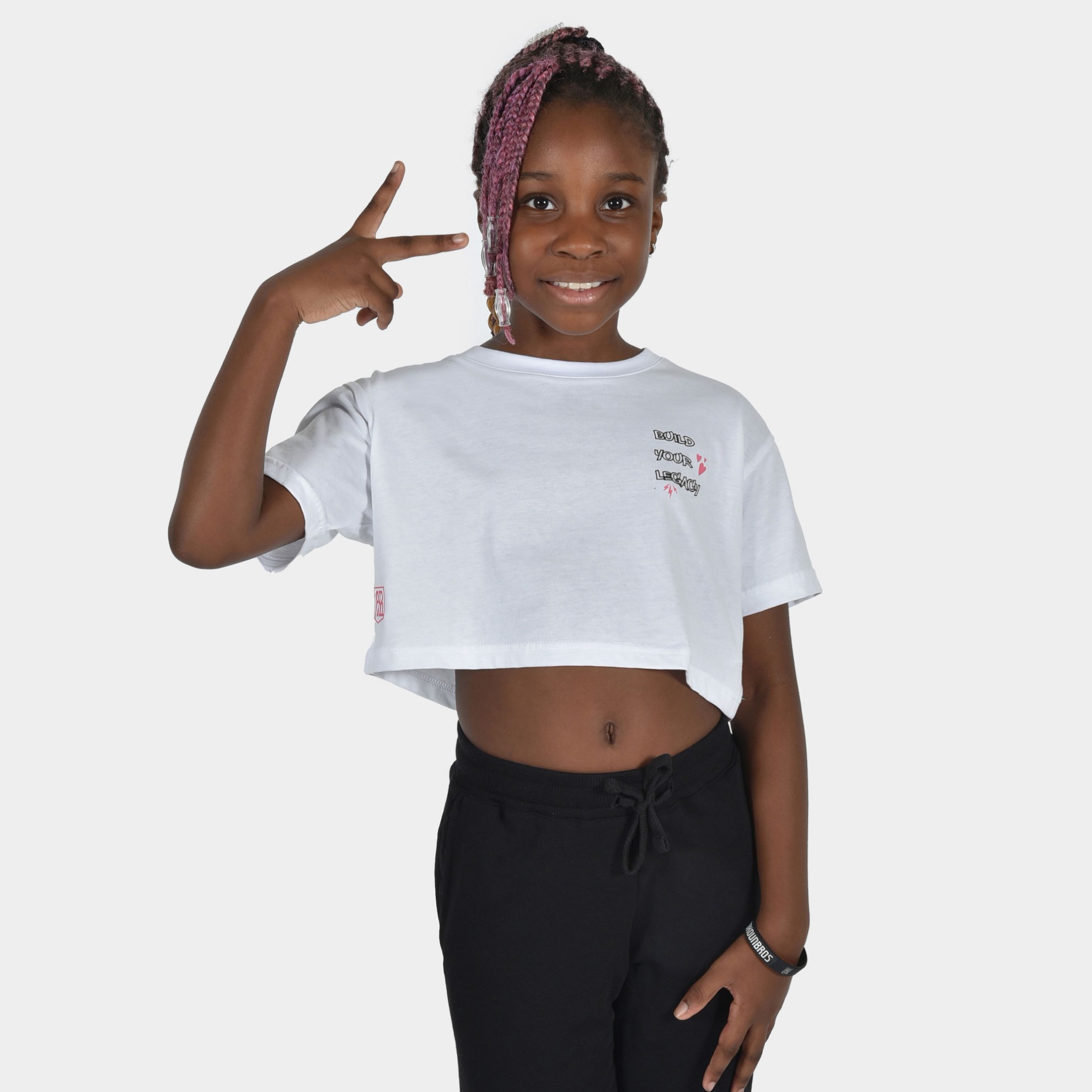 Kids' Crop Top T-shirt Build Your Legacy Graffiti White Front
