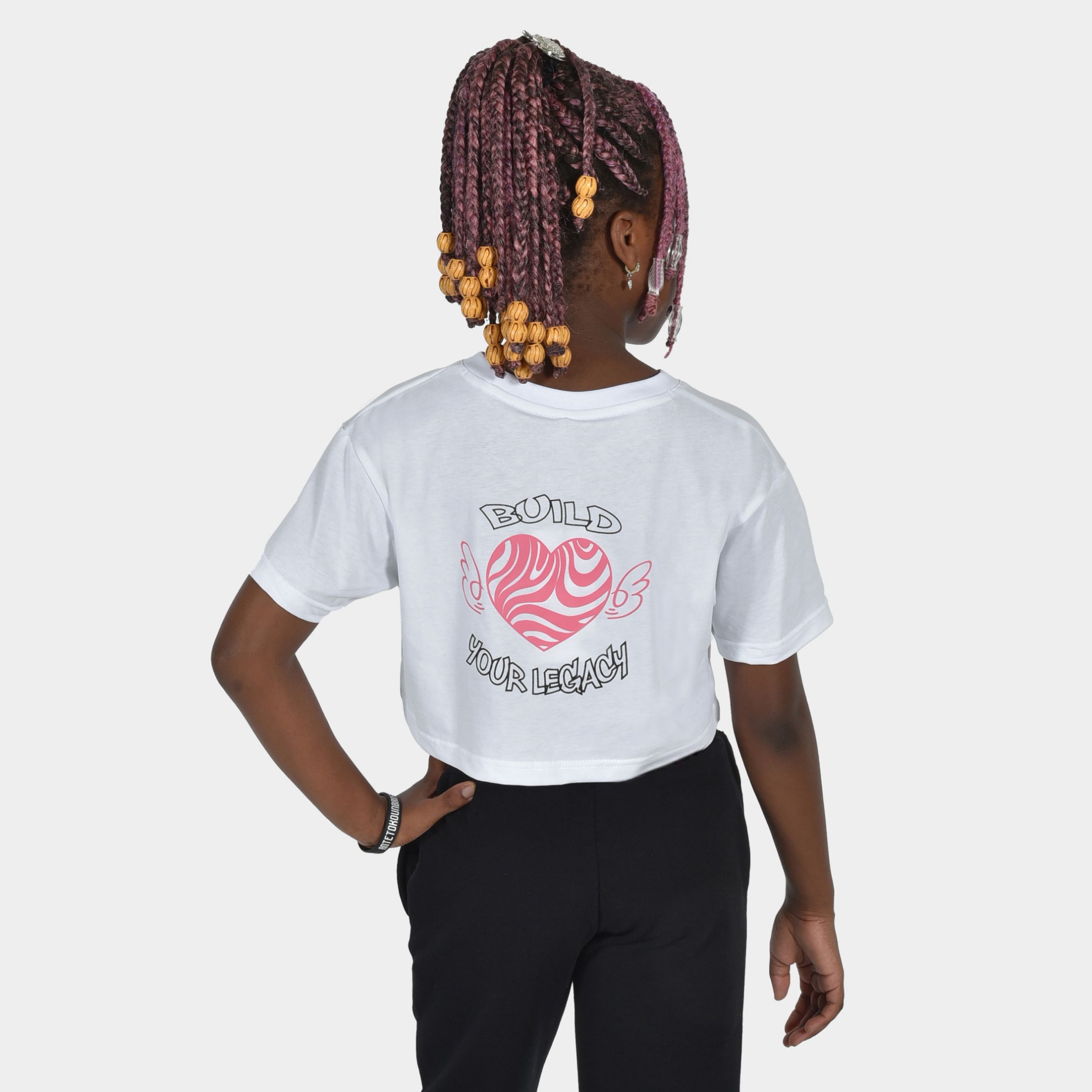Kids' Crop Top T-shirt Build Your Legacy Graffiti White Back