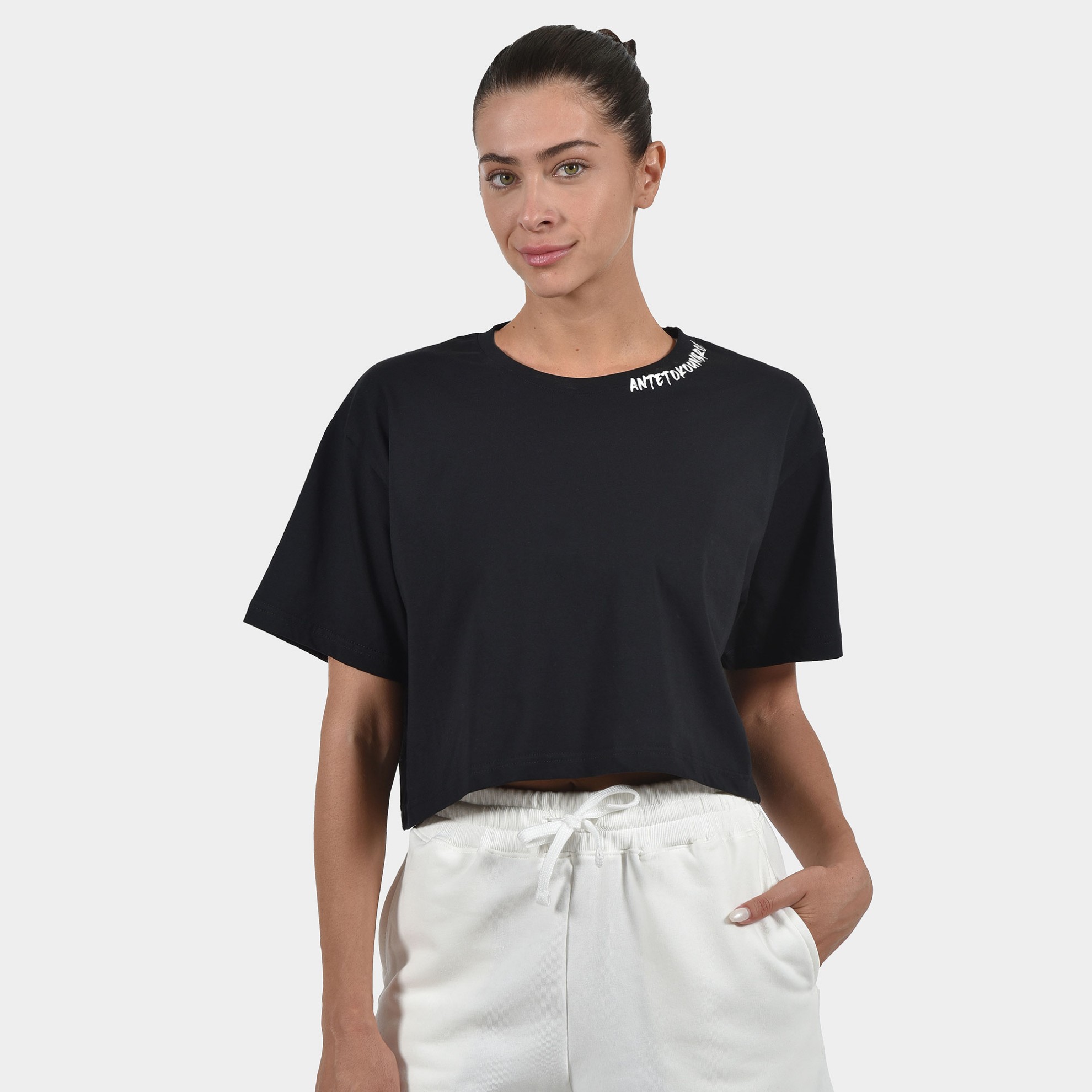 Women's Crop Top T-shirt Graffiti | ANTETOKOUNBROS | Black Front 1