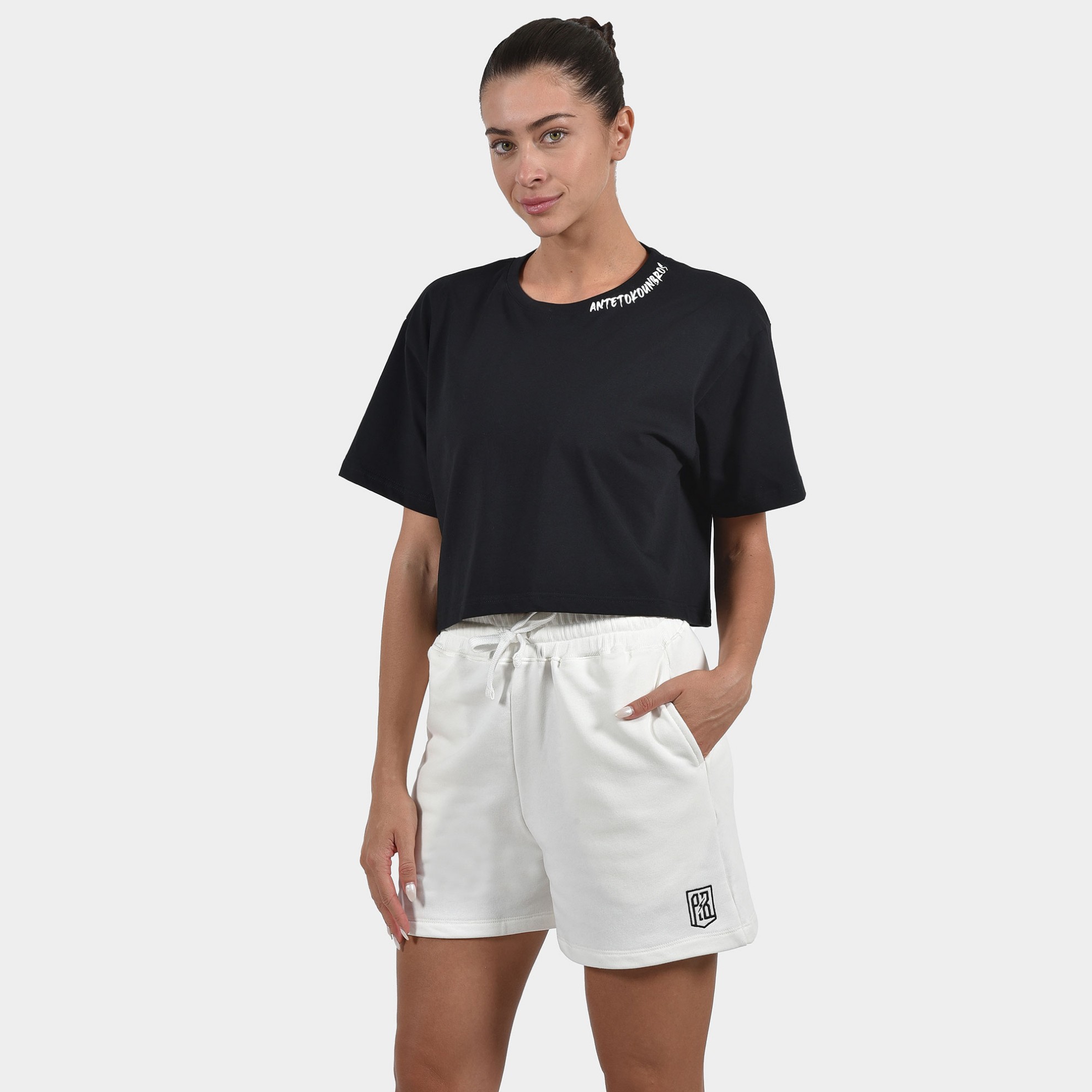 Women's Crop Top T-shirt Graffiti | ANTETOKOUNBROS | Black Model Front