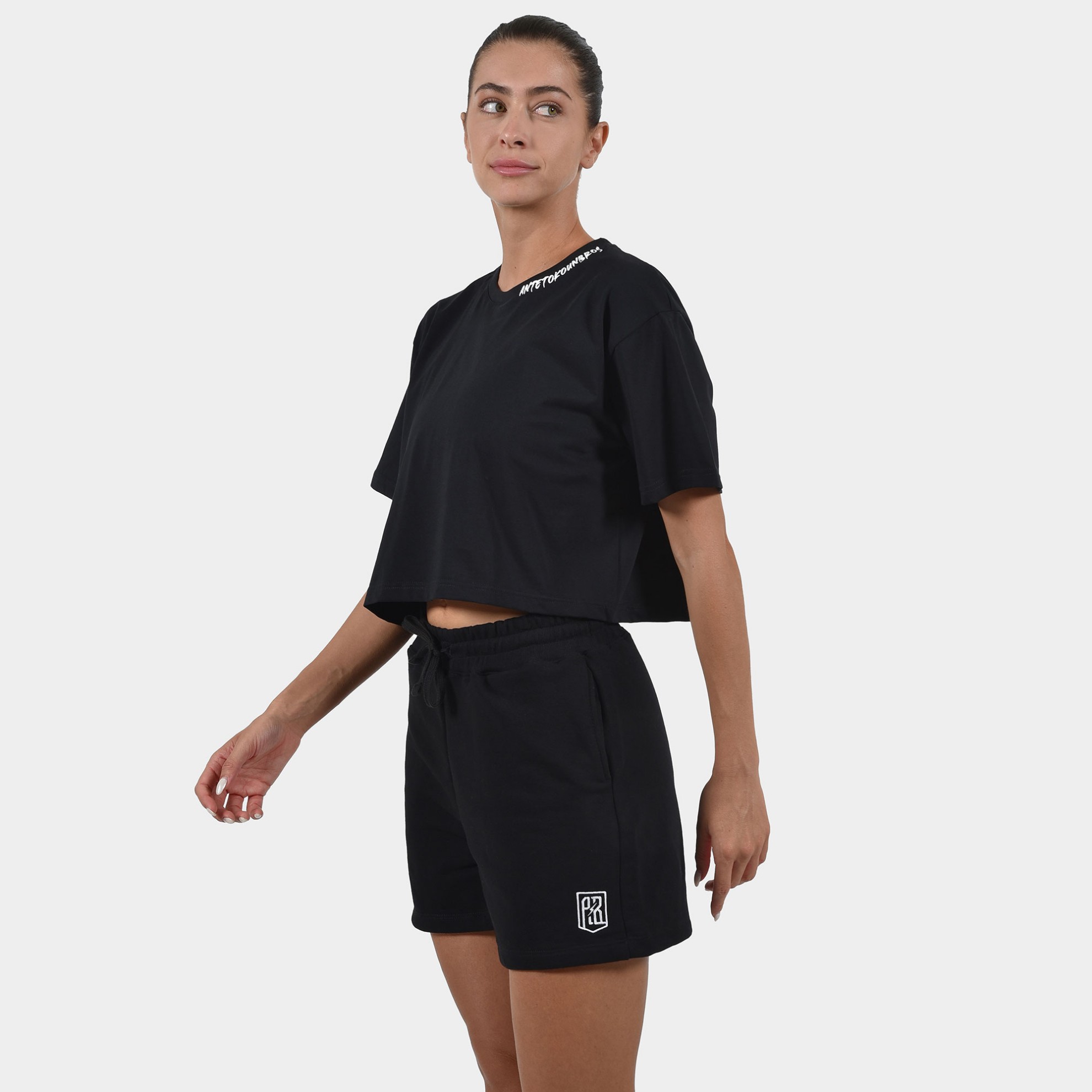 Women's Crop Top T-shirt Graffiti | ANTETOKOUNBROS | Black Model front 1