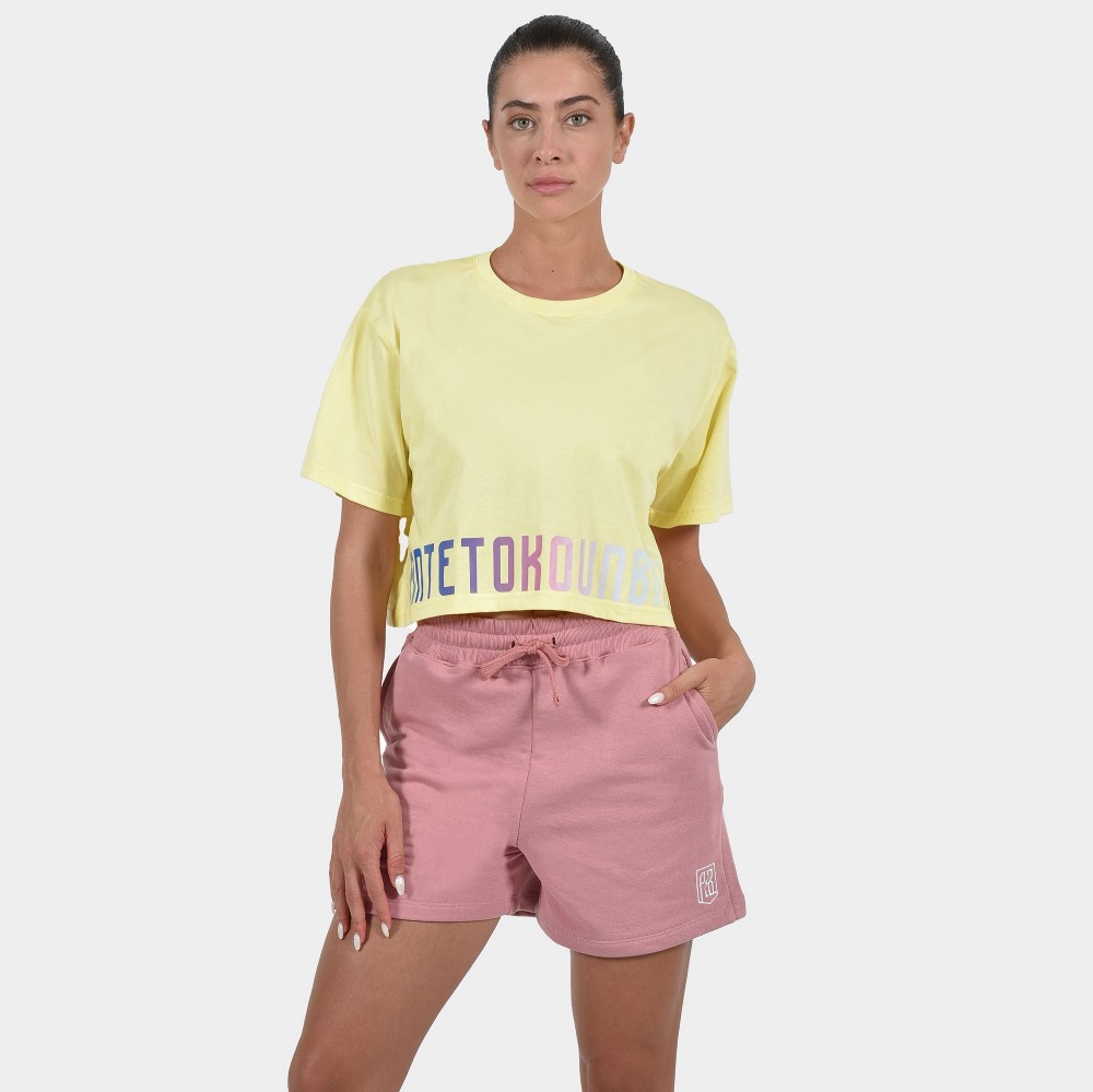 Women's Crop Top T-shirt Calm Graffiti Yellow Model Front