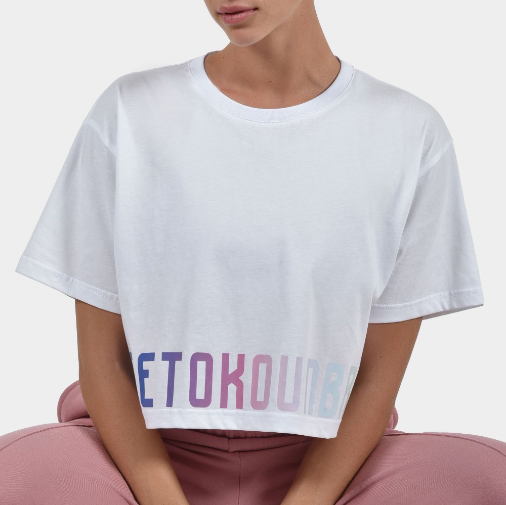 ANTETOKOUNBROS  Women's Crop Top T-shirt Calm Graffiti White Model Detail