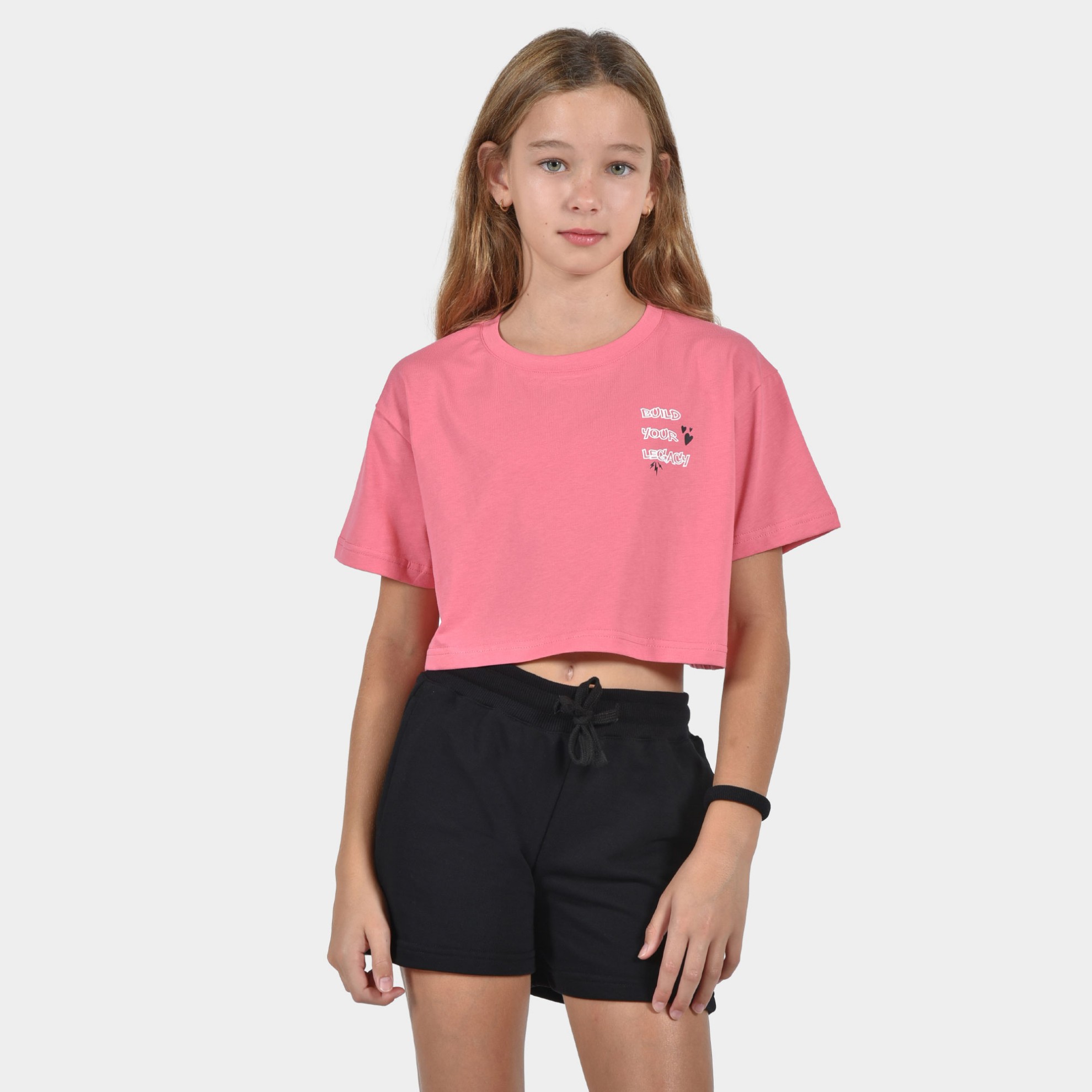 Kids' Crop Top T-shirt Build Your Legacy Graffiti | ANTETOKOUNBROS | Bubblegum Front