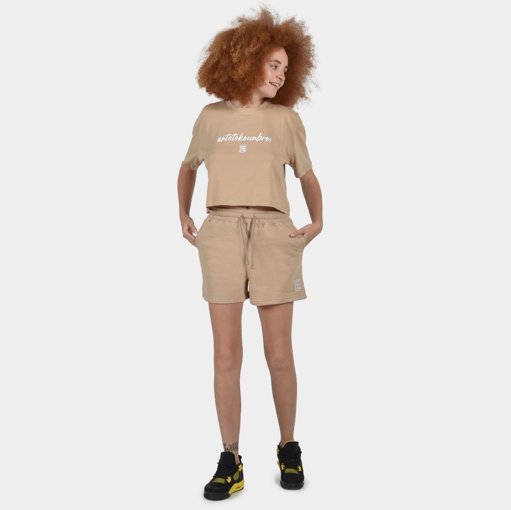 Women's Crop Top T-shirt | ANTETOKOUNBROS Baseline | Beige Model Front