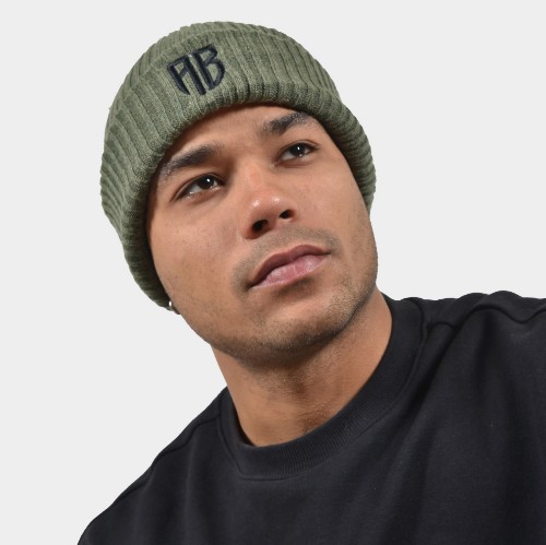 ANTETOKOUNBROS Beanie Double Knitted Logo AB Polylana Khaki Front Model