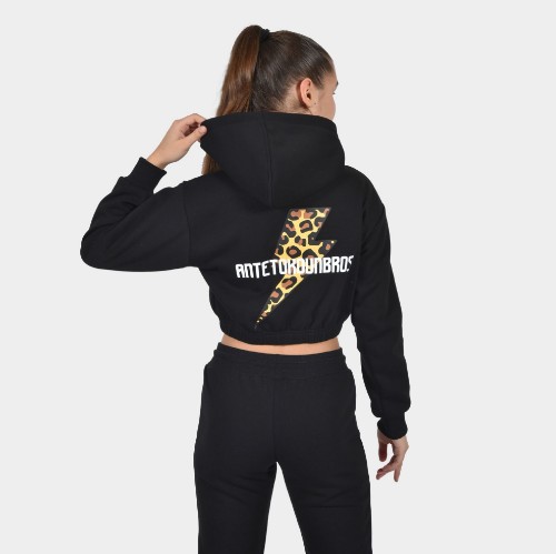 Kids' Crop Top Full Zip Hoodie Leopard Print Black Back| ANTETOKOUNBROS