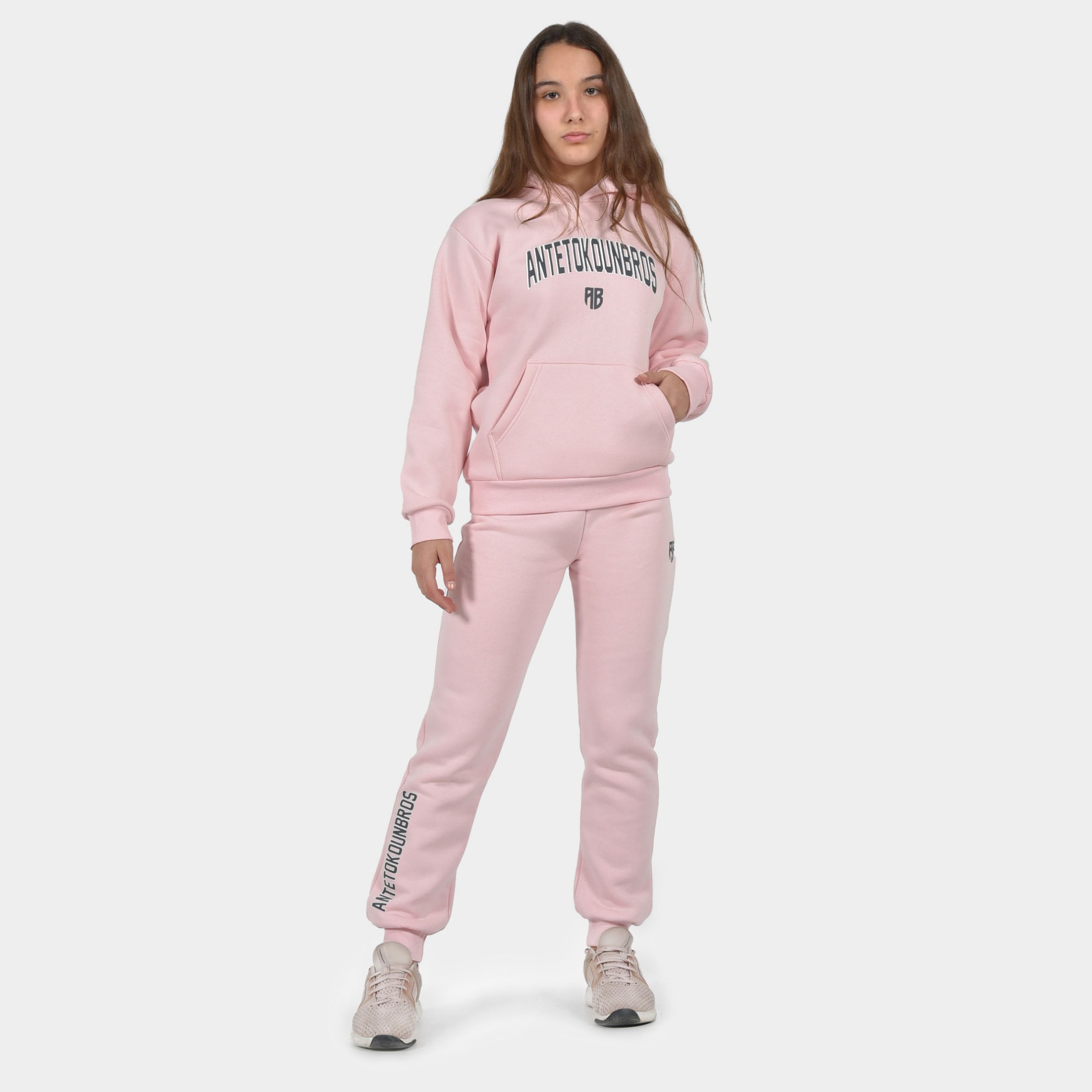 Kids' Hoodie Varsity Pink Model Front | Antetokounbros 