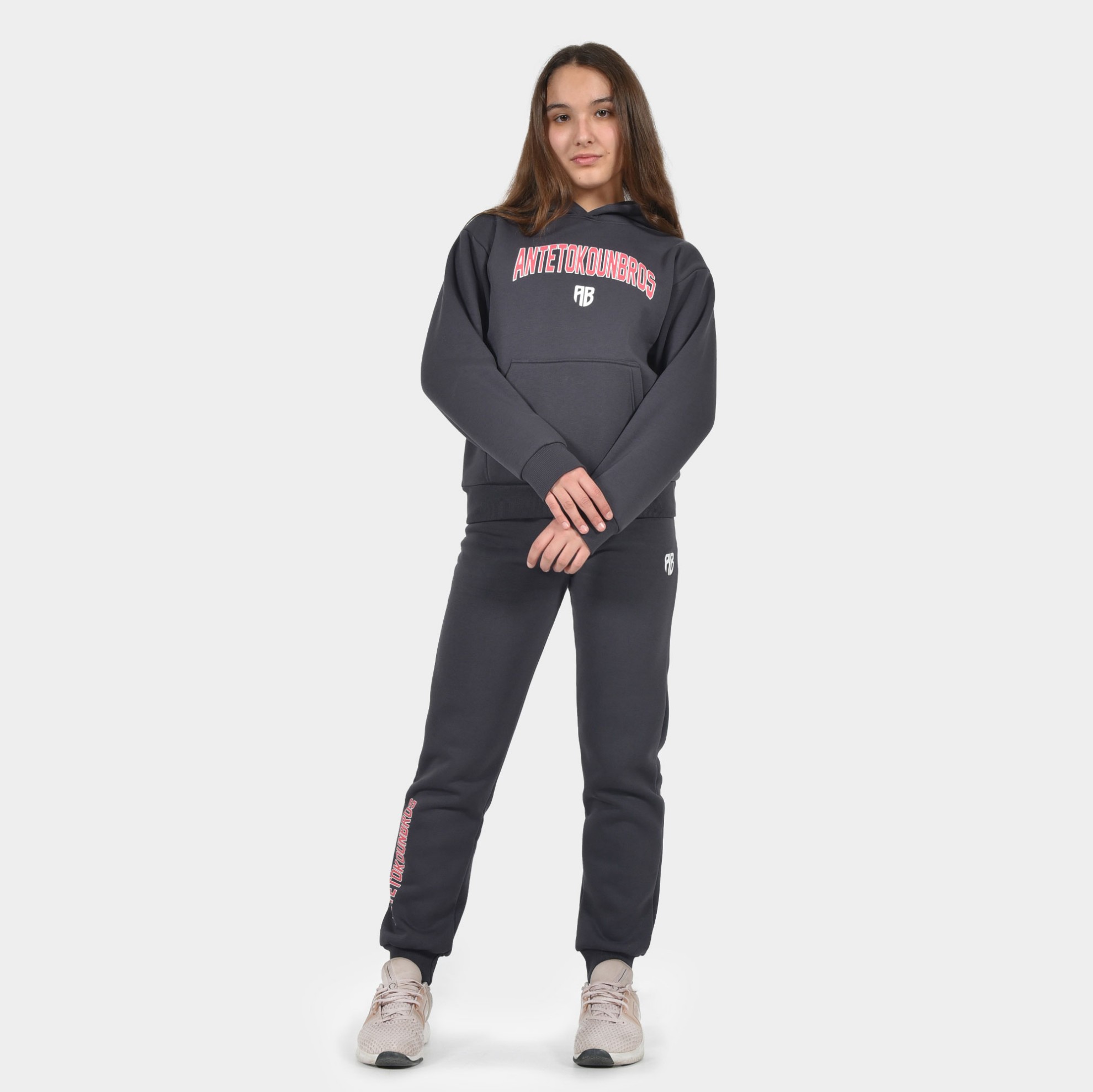 Kids' Varsity Hoodie in Grey color Model Front | ANTETOKOUNBROS 