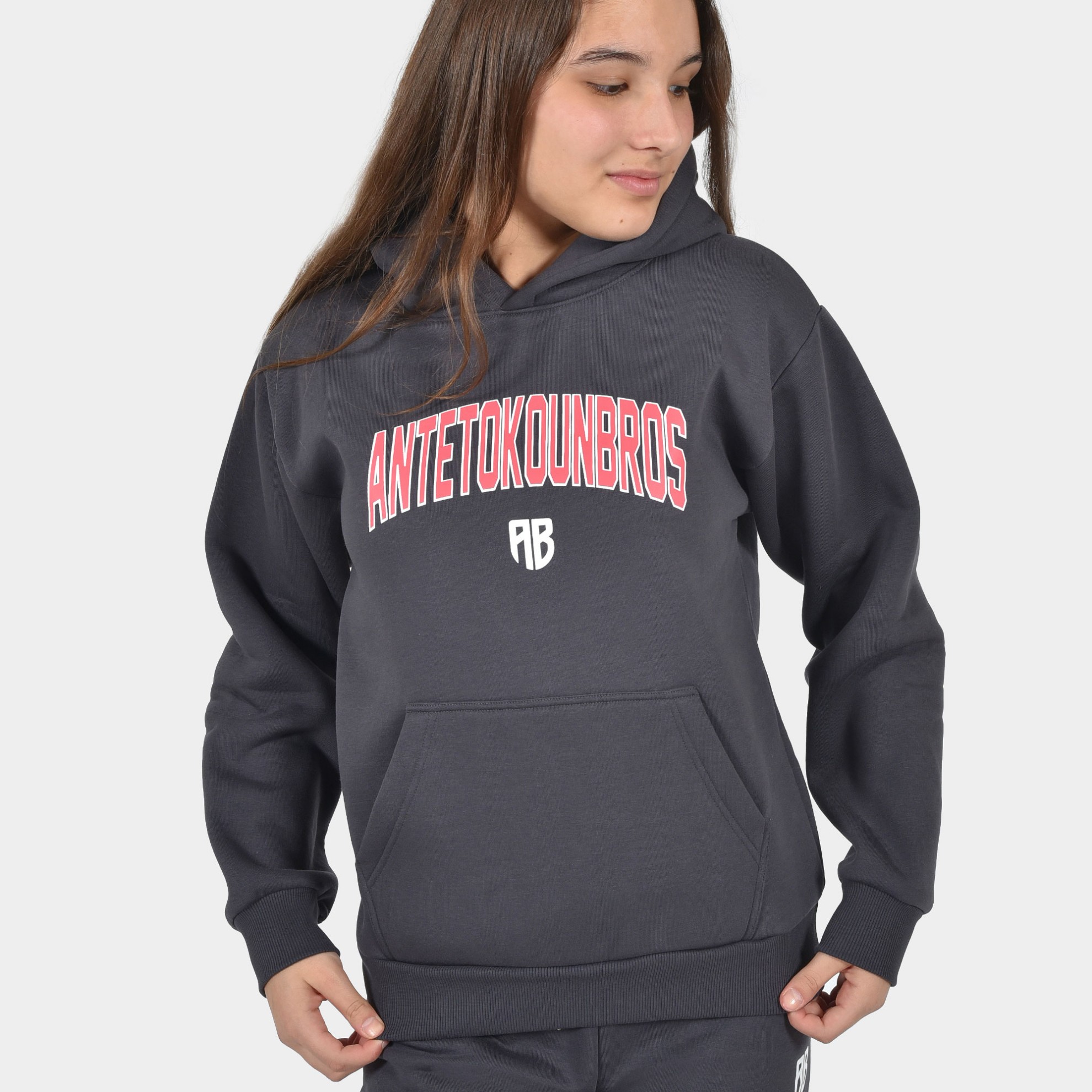 Kids' Varsity Hoodie in Grey color Front Detail | ANTETOKOUNBROS 