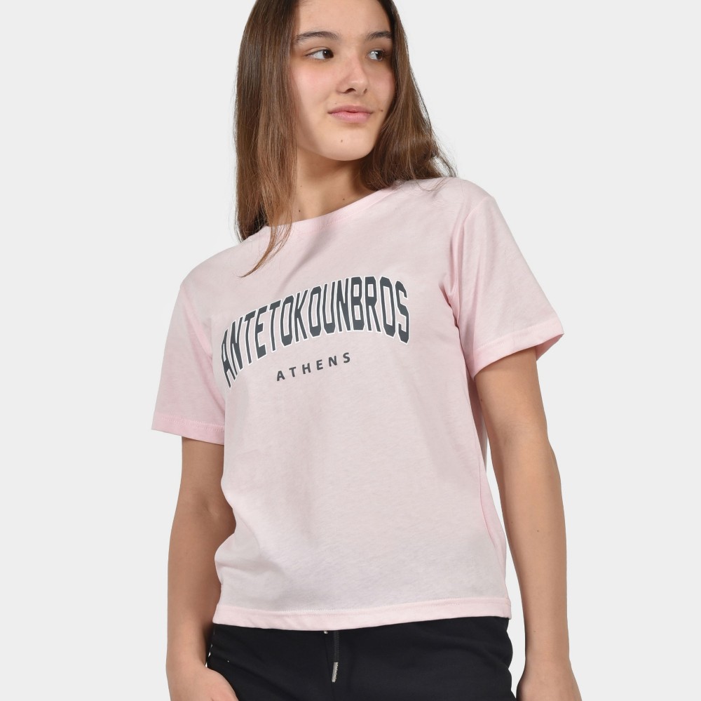 Kids' T-shirt Athens Logo Varsity Pink Front Detail| Antetokounbros	