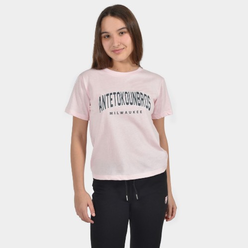 Kids' T-shirt Milwaukee Logo Varsity Pink Front | Antetokounbros thumb