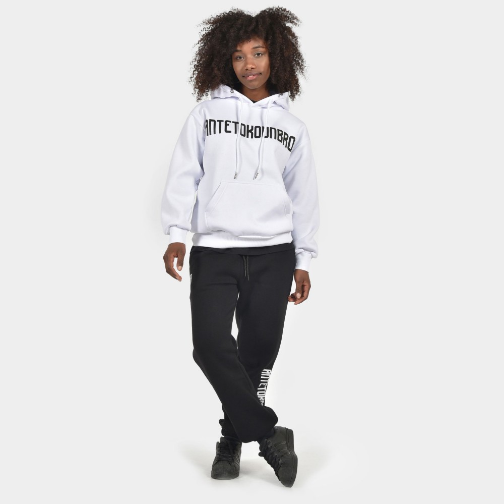 Women's Oversized Hoodie Logo White Model Front | Antetokounbros