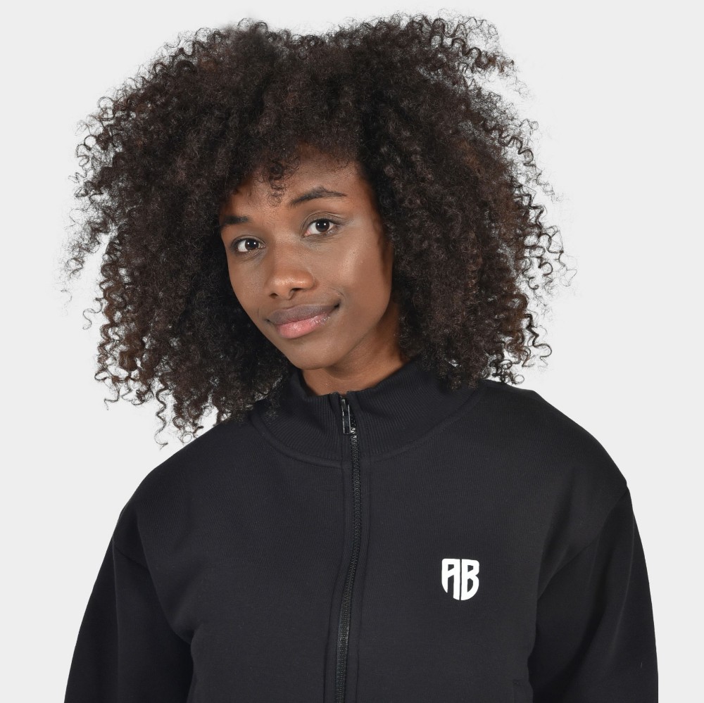 Women's Medium Crop Full Zip Sweatshirt Logomania Black | Detail | Antetokounbros