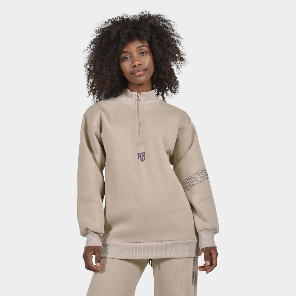 Women s Oversized Mock Neck Hoodie in Dark Sand ANTETOKOUNBROS