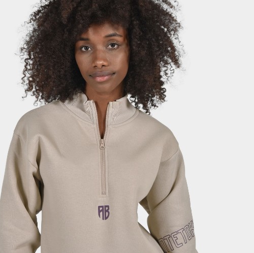 Women's Oversized Mock Neck Hoodie in Dark Sand | Detail | ANTETOKOUNBROS 