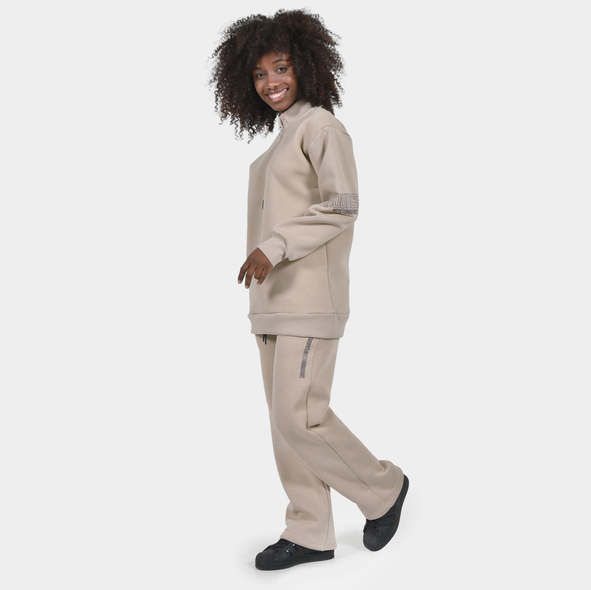 Women's Oversized Mock Neck Hoodie in Dark Sand | Model Front | ANTETOKOUNBROS 