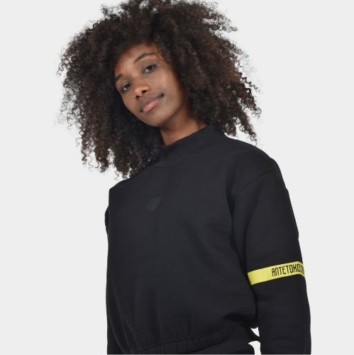 Women's Crop Top Sweatshirt Mock Neck Logomania Black| Detail | Antetokounbros thumb