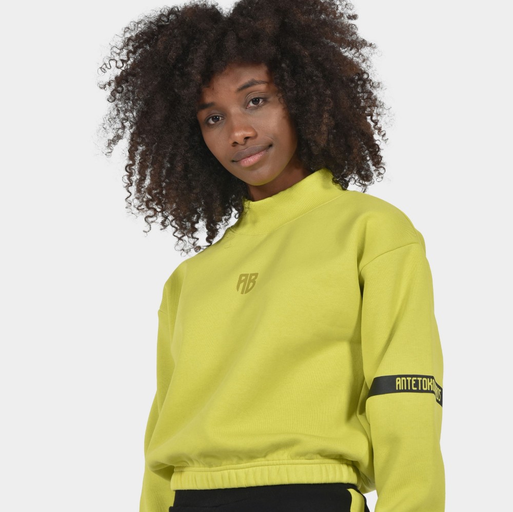 Women's Crop Top Sweatshirt Mock Neck Lime| Detail | Antetokounbros