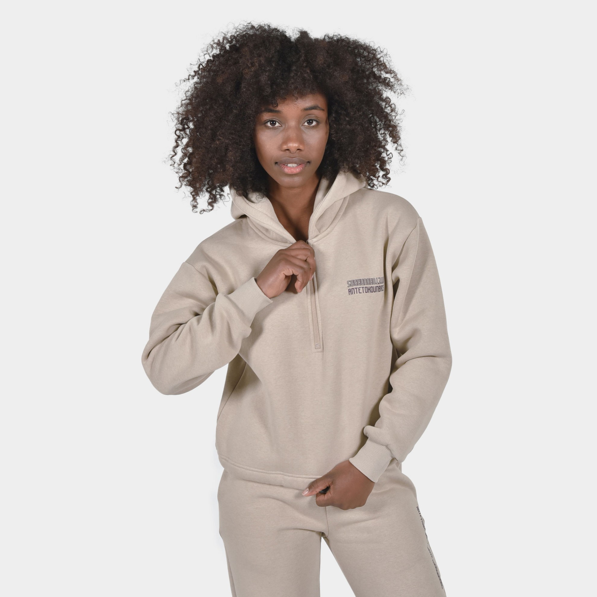 Women's Crop Top Hoodie Half Zip Dark Sand | Front | Antetokounbros