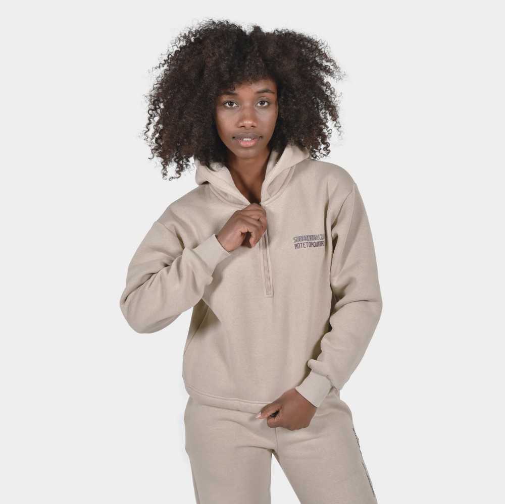 Women's Crop Top Hoodie Half Zip Dark Sand | Front | Antetokounbros