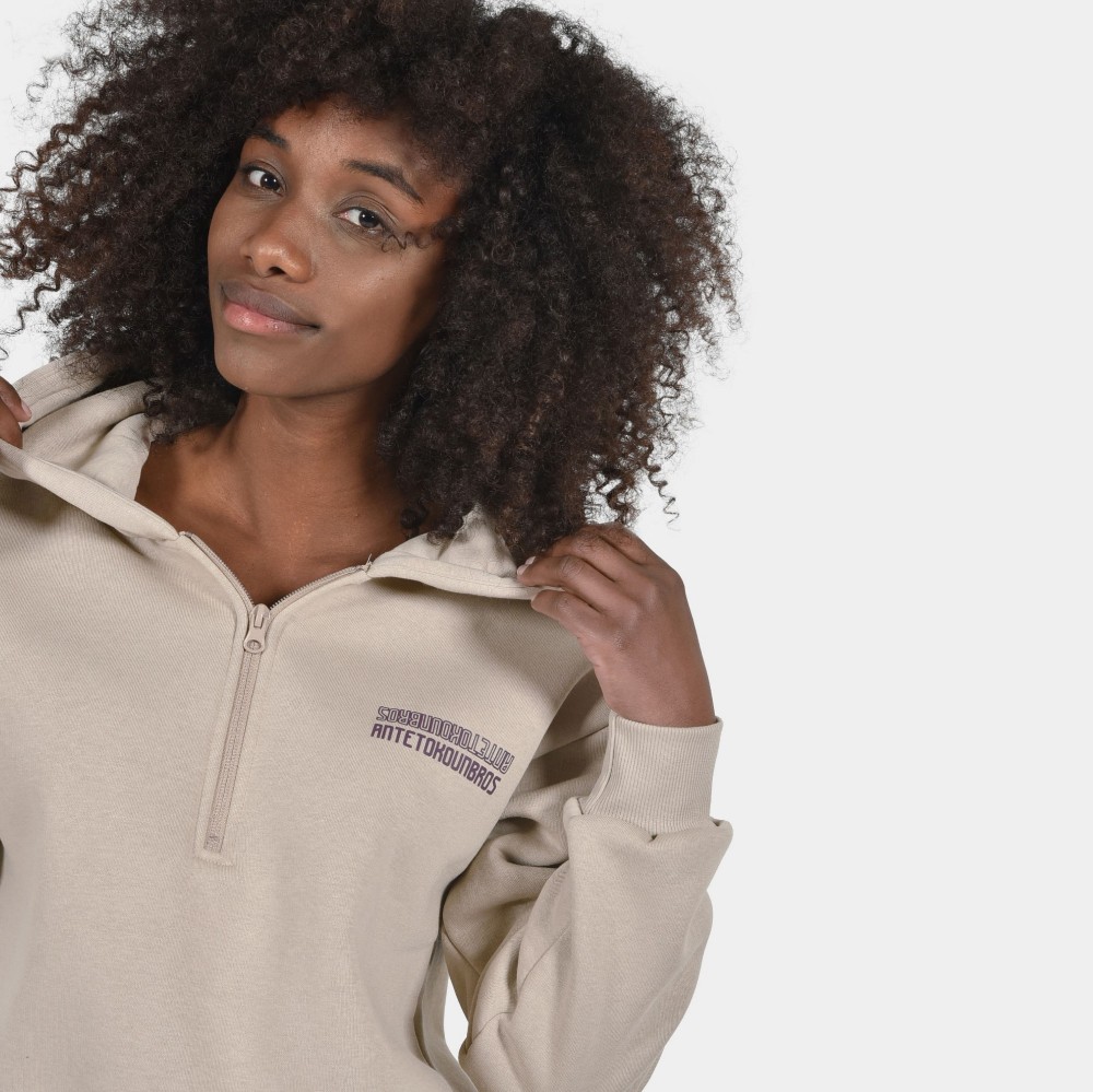 Women's Crop Top Hoodie Half Zip Dark Sand | Detail | Antetokounbros