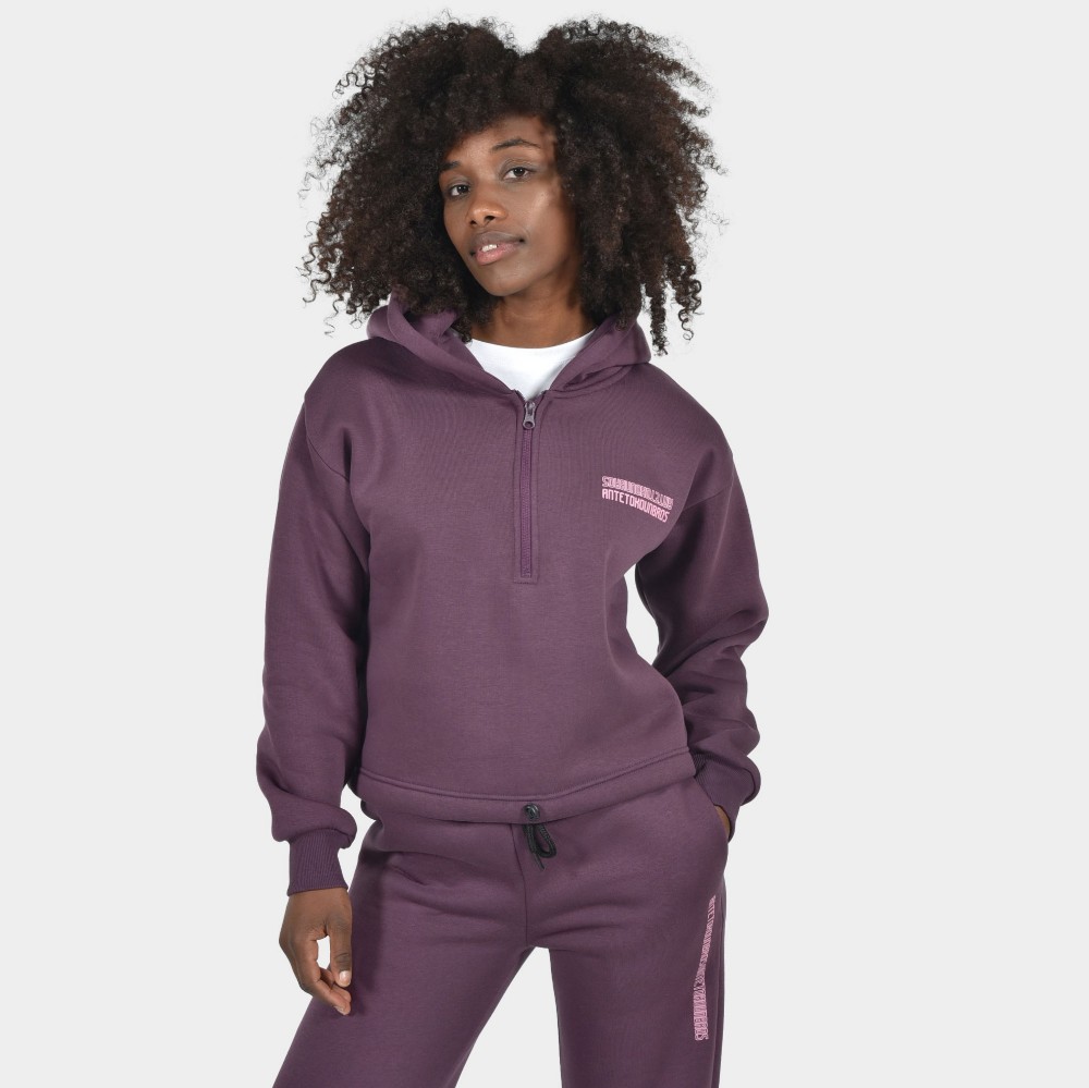 Women's Crop Top Hoodie Half Zip Aubergine | Front | Antetokounbros