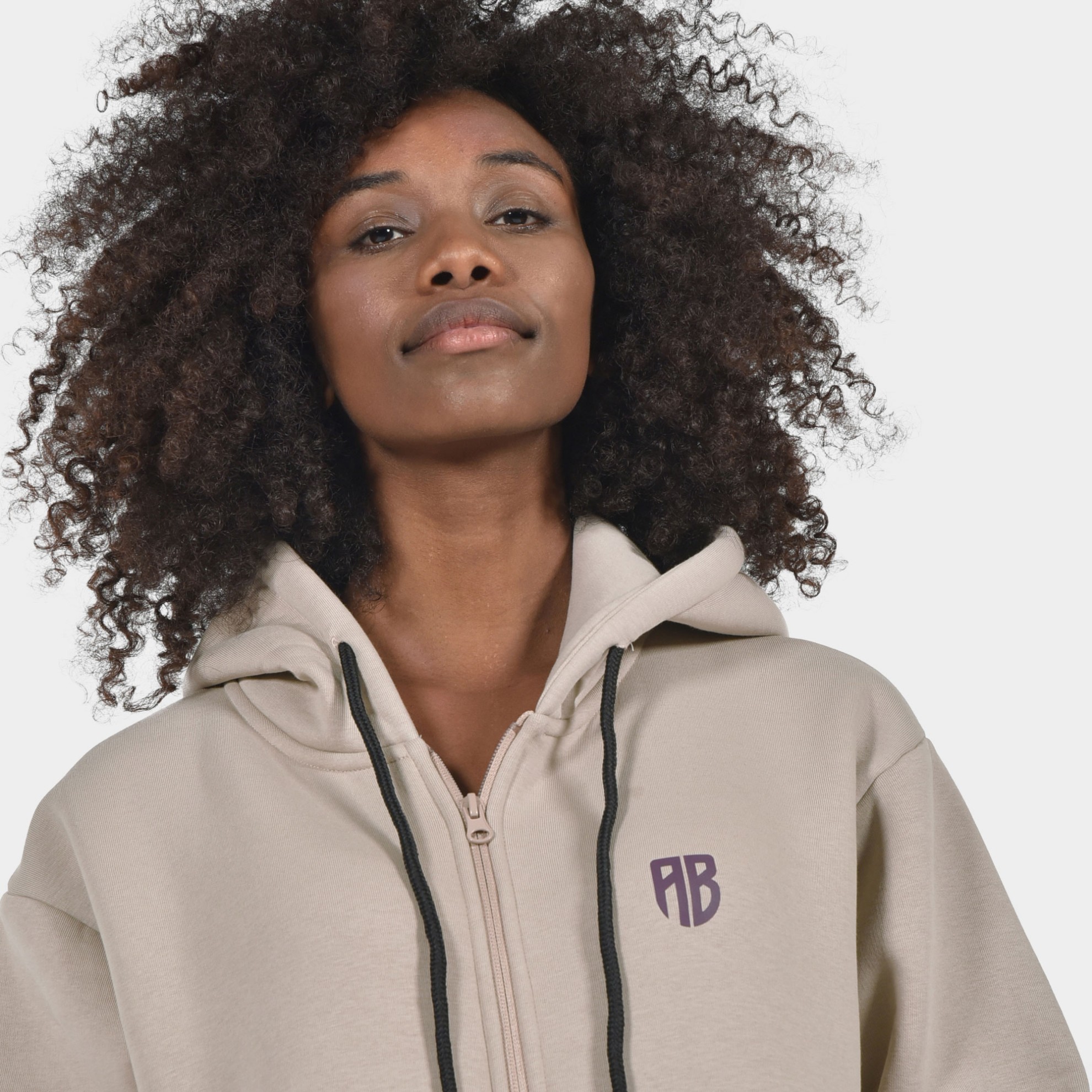 Women's Loose Fit Full Zip Hoodie Reverse Dark Sand | Detail | Antetokounbros
