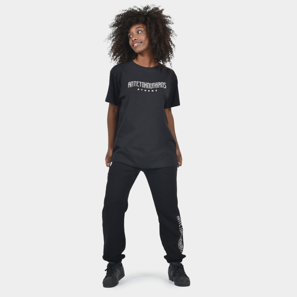 Women's T-shirt Animal Print Athens Logo Black | Model Front | Antetokounbros