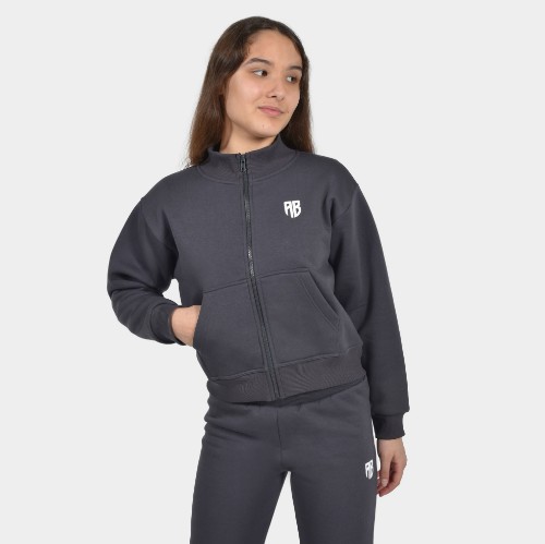 Girls' Medium Crop Full Zip Sweatshirt in Grey Mouse | ANTETOKOUNBROS | Front