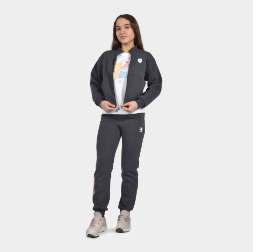 Girls' Medium Crop Full Zip Sweatshirt in Grey Mouse | ANTETOKOUNBROS | Model Front thumb