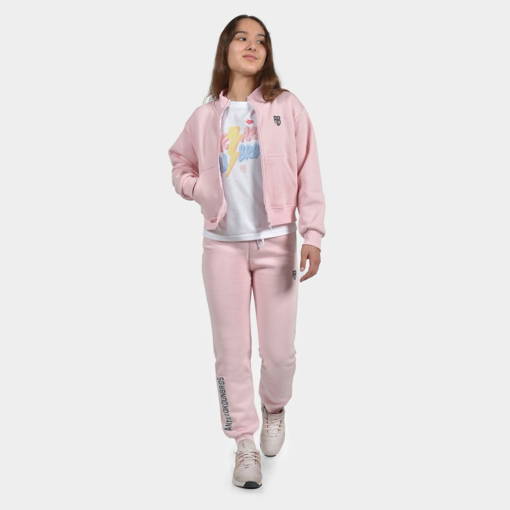 Girls' Medium Crop Full Zip Sweatshirt in Pink | ANTETOKOUNBROS | Model Front Open
