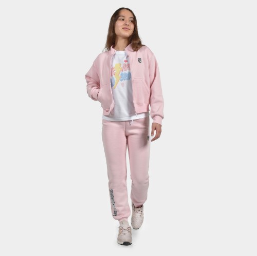 Girls' Medium Crop Full Zip Sweatshirt in Pink | ANTETOKOUNBROS | Model Front Open thumb