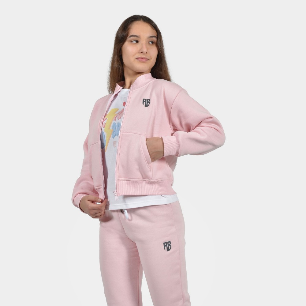 Girls' Medium Crop Full Zip Sweatshirt in Pink | ANTETOKOUNBROS | Front Open