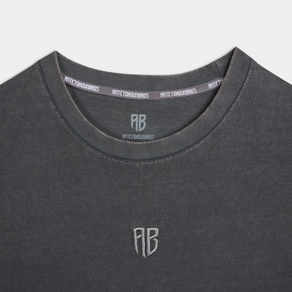 Stone Washed Crewneck T-Shirt  Front  Back Detail I Antetokounbros I Charcoal