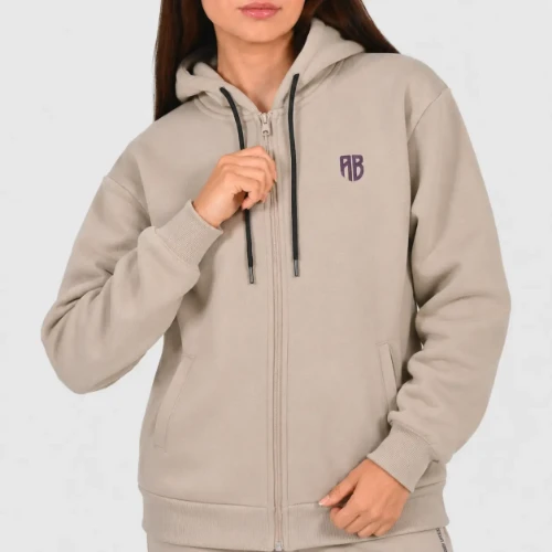 Women's Loose Fit Full Zip Hoodie Reverse Dark Sand | Front Model 2 | Antetokounbros