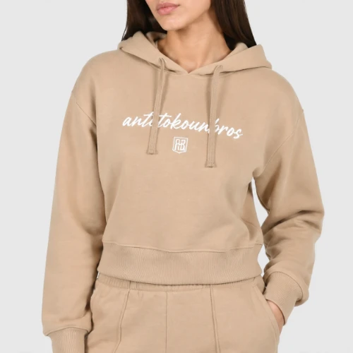 ANTETOKOUNBROS Women's Crop Hoodie | Beige Model Front 2